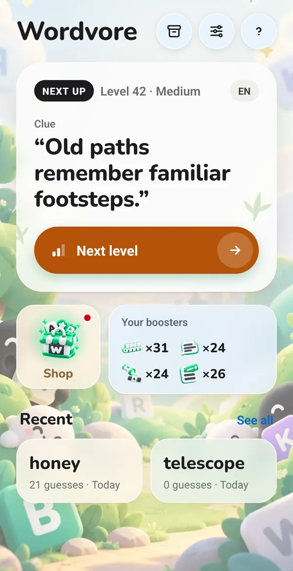 Home screen: the next level with its clue