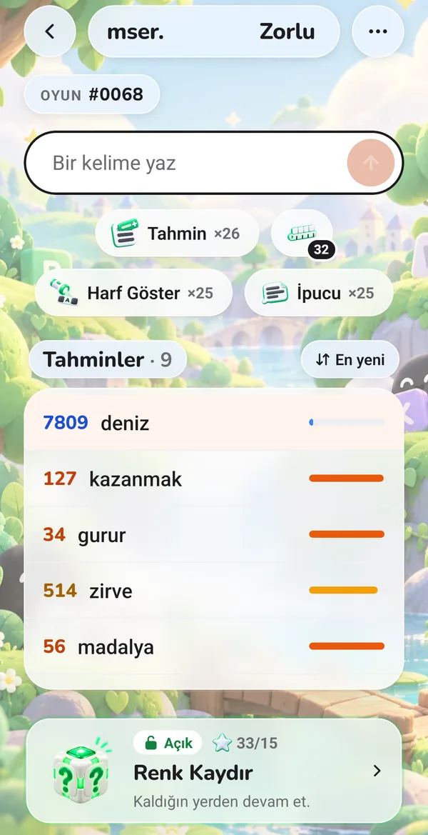 Oyun ekranı: tahmin için bir kelime yaz